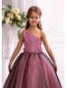 One Shoulder Pink Sequin Black Tulle Flower Girl Dress
